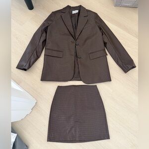 Faux-Croc Brown Oversized Blazer & Skirt Set